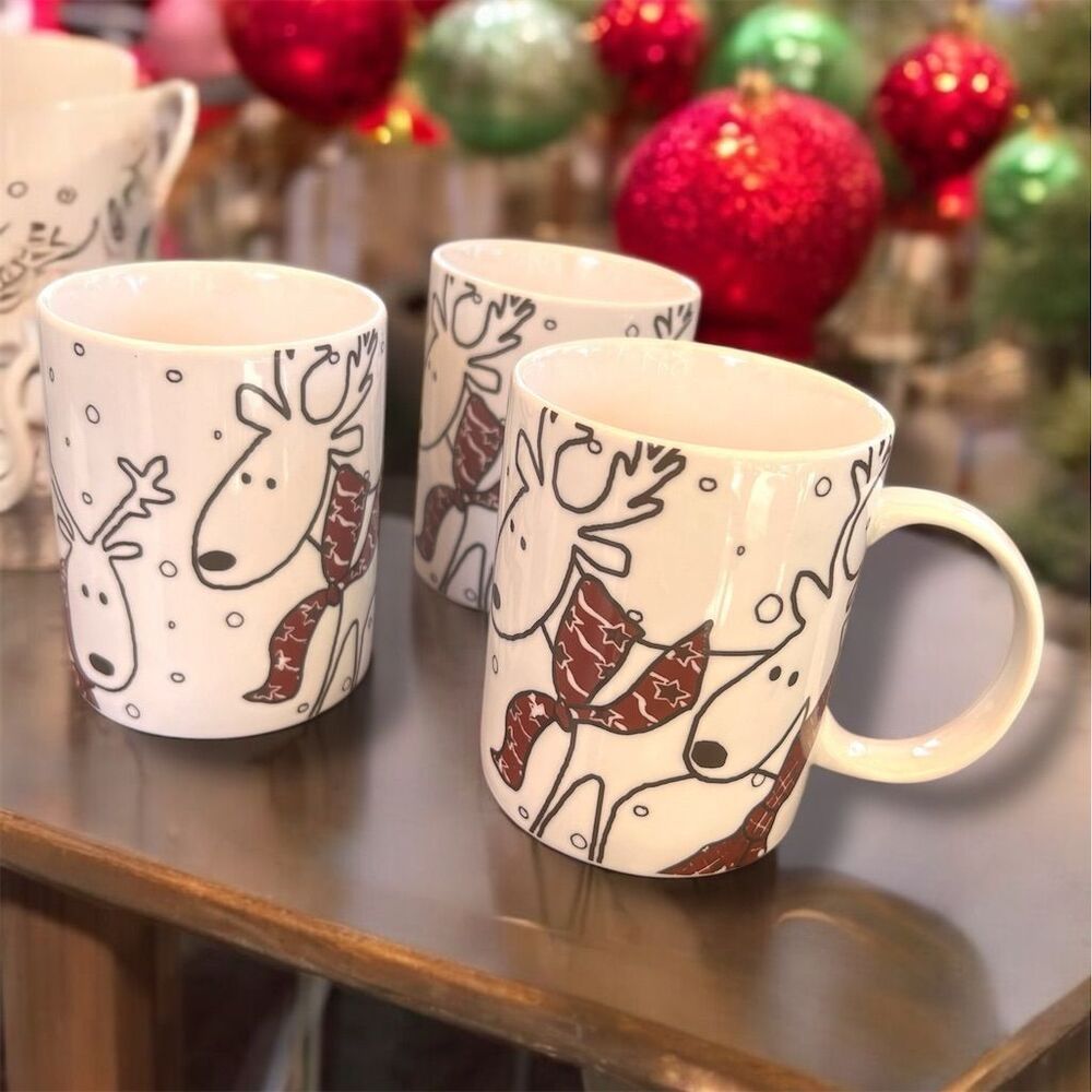 BIA White Christmas Porcelain Holiday Coffee Mugs Set of 3 Reindeer Dillards